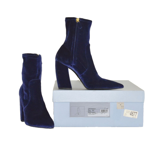 E0 Auth PRADA Blue Velluto Stretch Velvet Side Zip Curved Heel Boots Sz 39 $875 - Picture 1 of 11